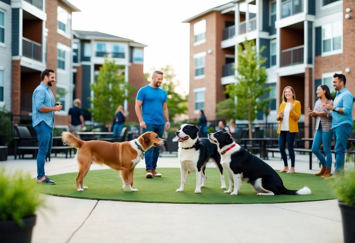 A bustling apartment complex with multiple dogs interacting peacefully in a communal outdoor space, while their owners chat and socialize nearby