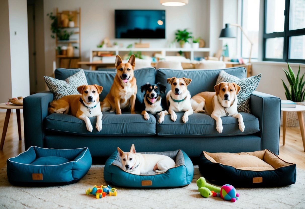 A cozy apartment living room with multiple dogs lounging on a large, comfortable couch, surrounded by toys and dog beds