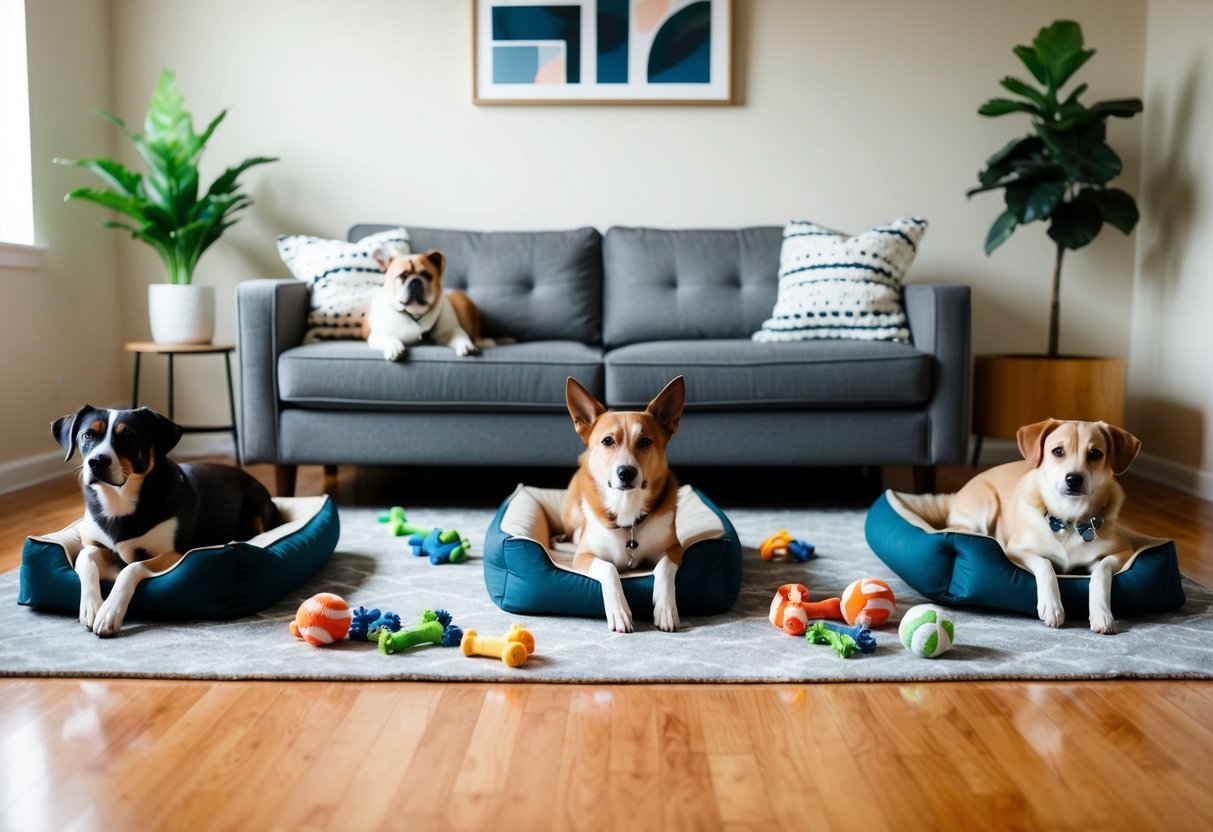 A cozy apartment living room with multiple dogs peacefully coexisting, toys scattered on the floor, and a designated area for each dog's bed