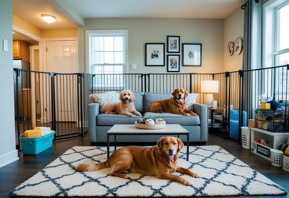 A cozy apartment with multiple dogs lounging on comfortable furniture, surrounded by pet gates and organized pet supplies