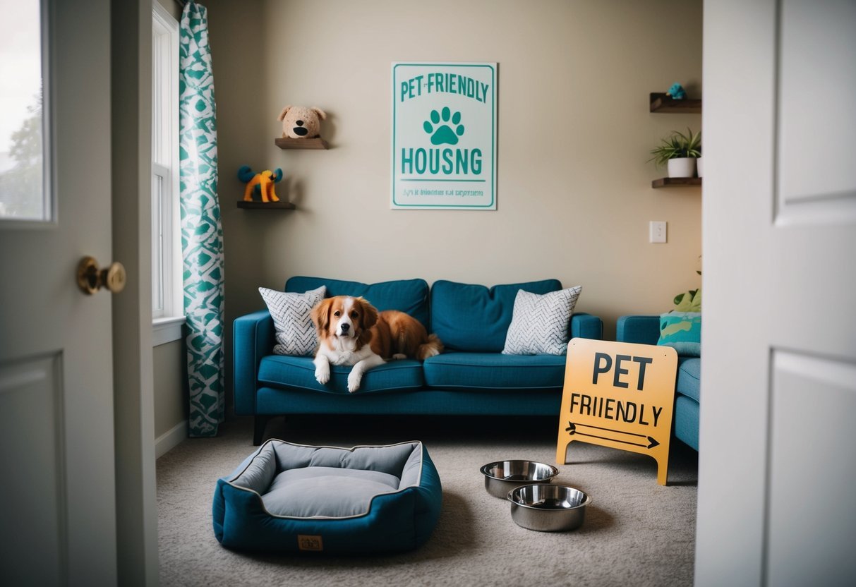 A cozy living room with a dog bed, pet toys, and a welcoming sign for