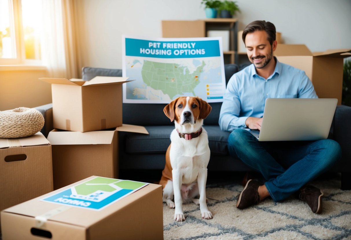A family pet sits in a cozy living room, surrounded by moving boxes and a map of pet-friendly housing options. The owner researches rental restrictions on a laptop