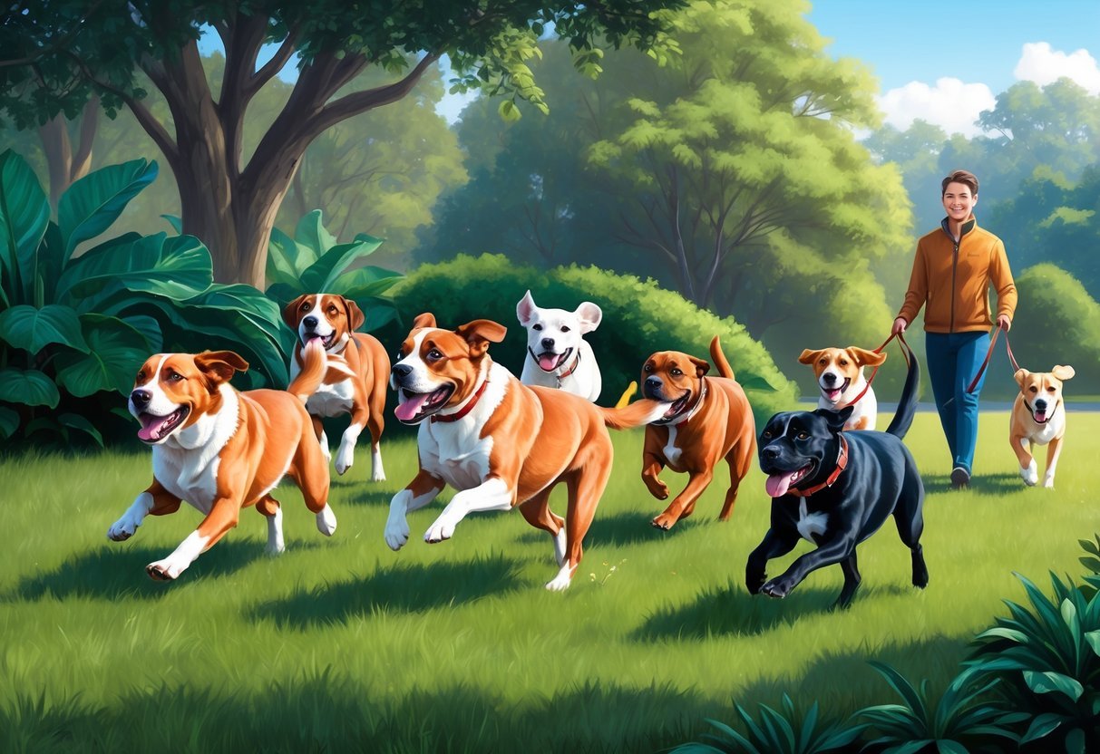 A group of active dogs running and playing in a lush outdoor setting, with a person walking multiple dogs on leashes