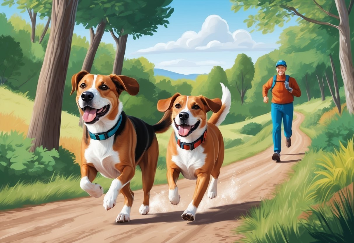 A happy dog running alongside its owner on a scenic outdoor trail, surrounded by trees and nature