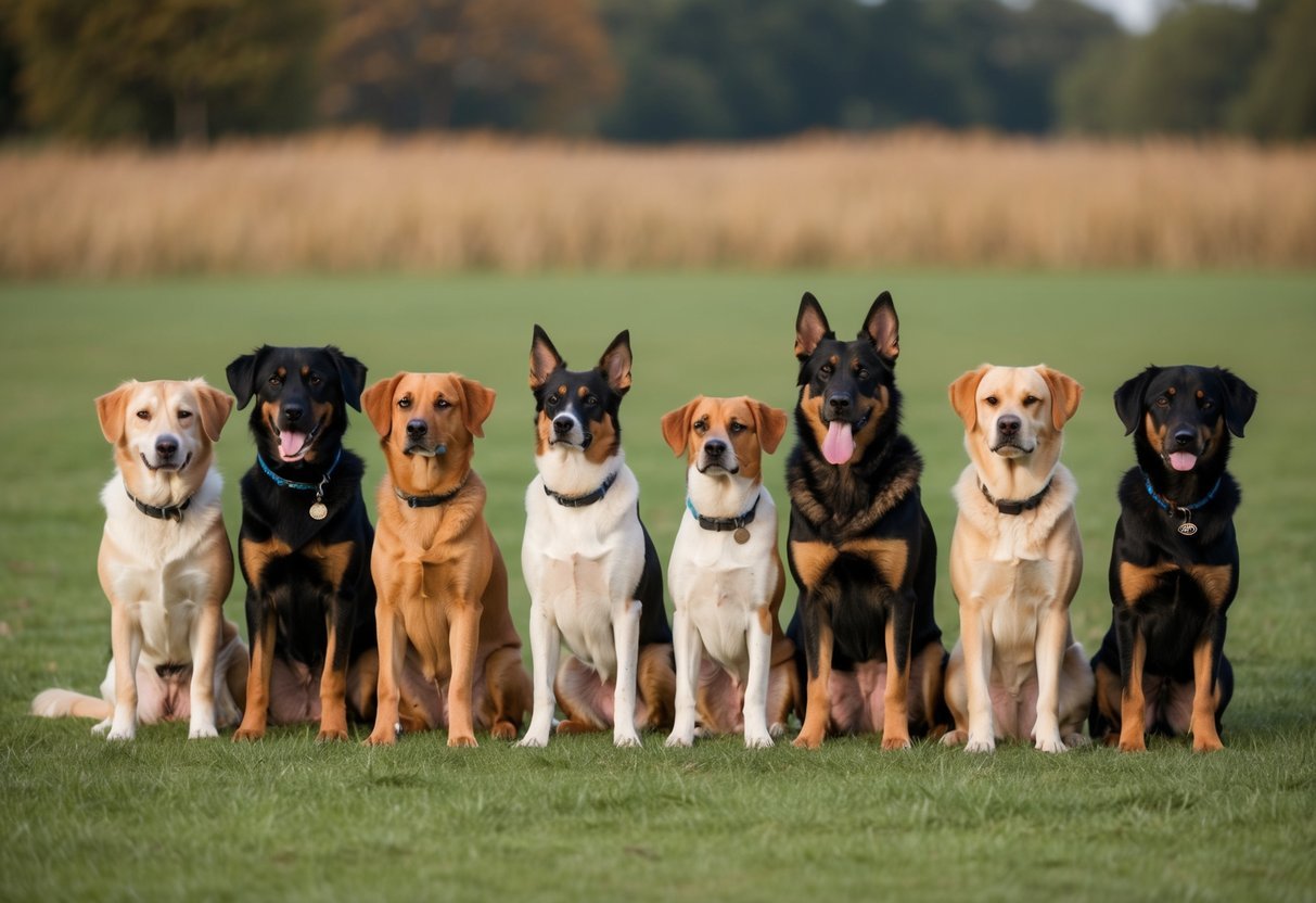 A pack of well-trained dogs sitting in a row, attentively listening to their owner's commands
