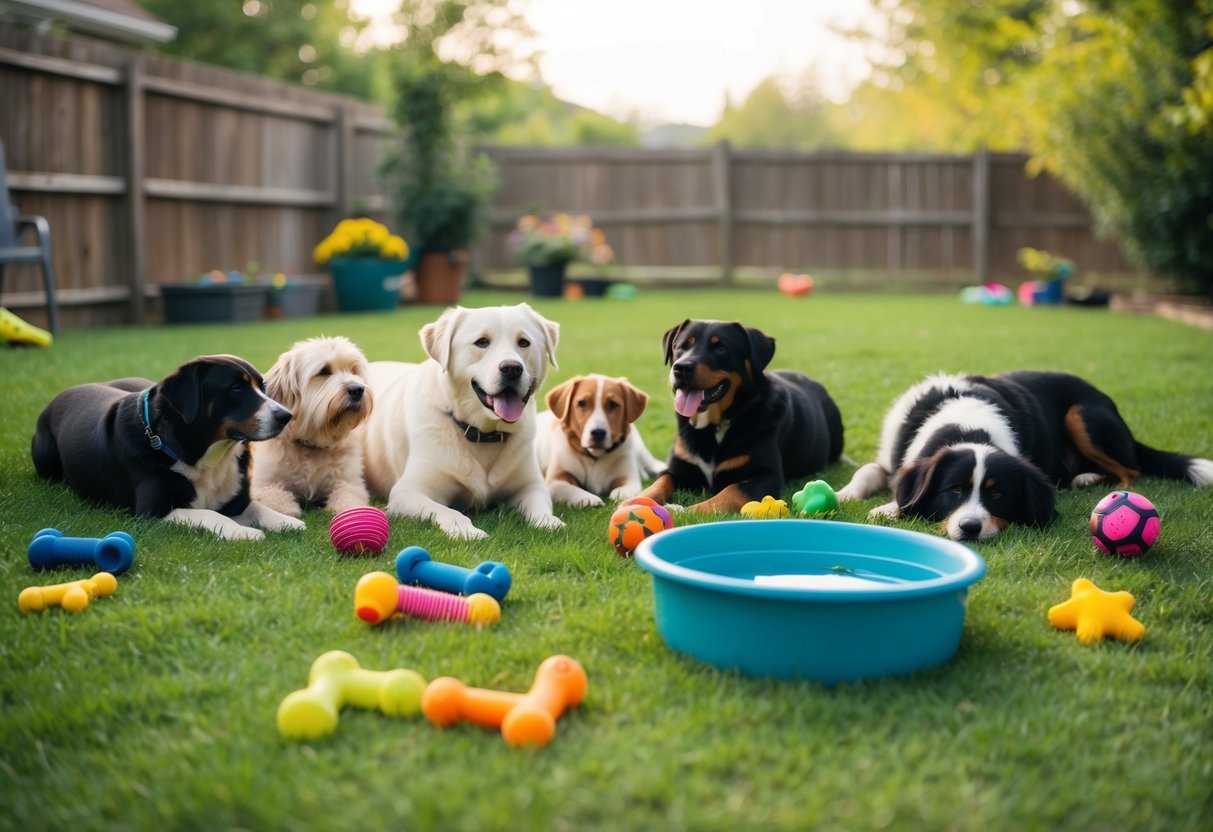 A peaceful backyard with a variety of dog toys scattered around, a large water bowl, and several dogs of different sizes resting or playing together