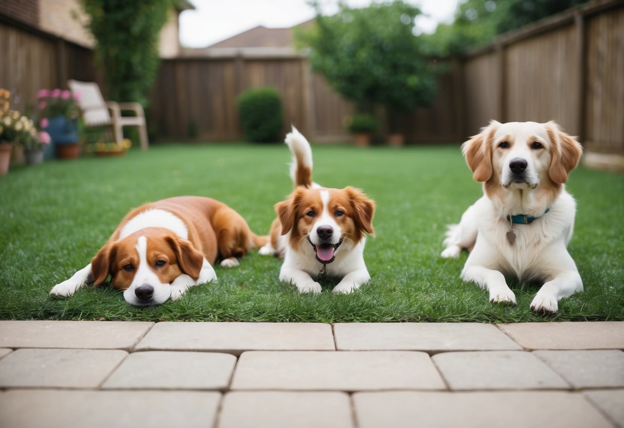 A peaceful backyard with three dogs: one resting, one playing, and one calmly observing