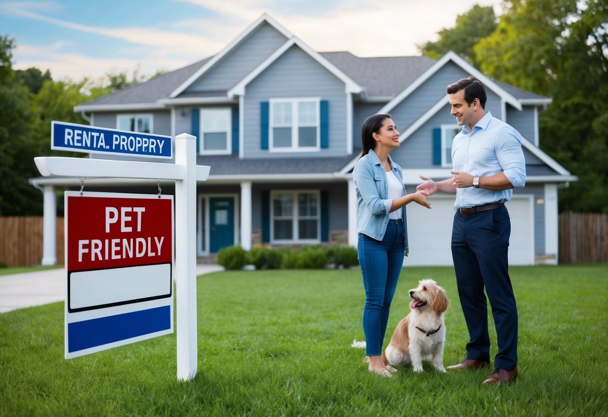 A person and a pet standing in front of a rental property, talking to a landlord and pointing to a