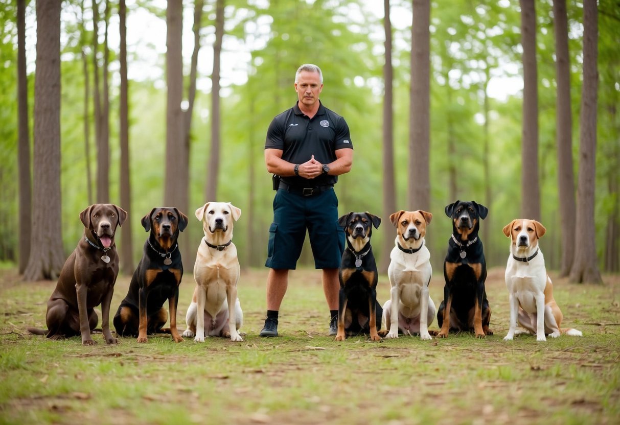 A serene forest clearing with multiple dogs of different breeds sitting attentively, while a trainer stands in the center, confidently commanding their attention