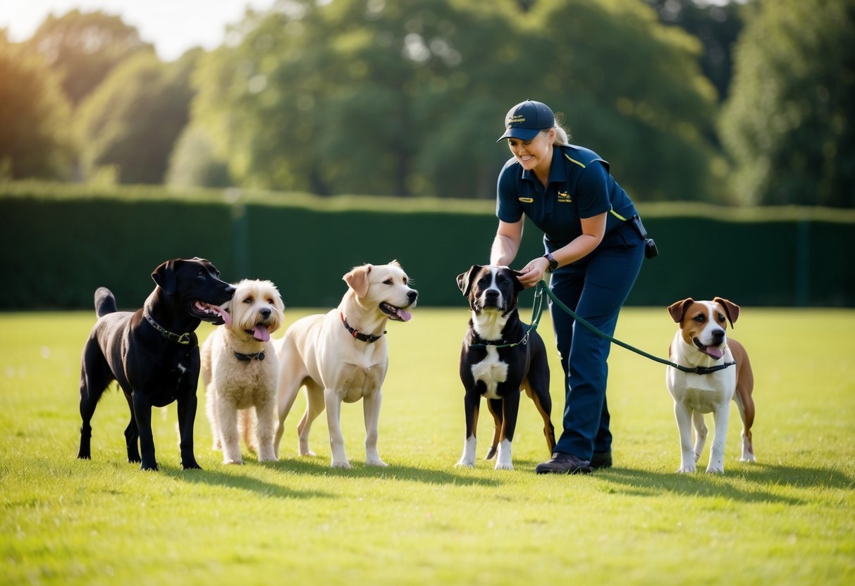 A trainer instructs a group of dogs, each focused and attentive, in a spacious, grassy training area with trees in the background