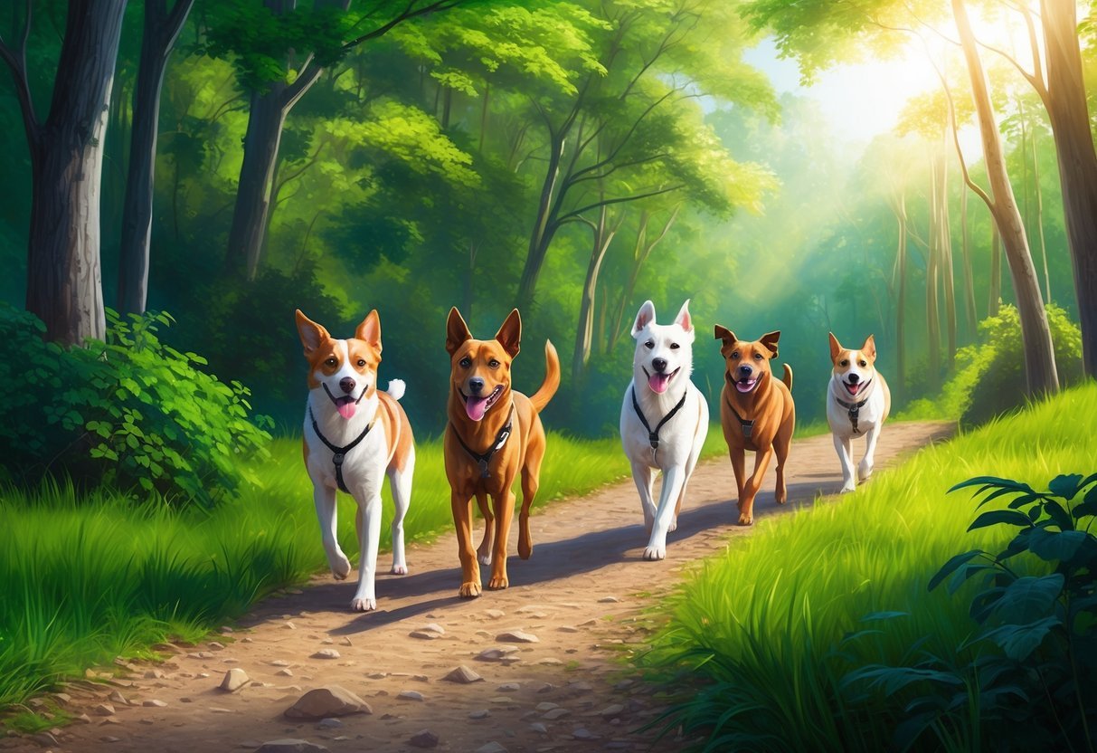 Multiple dogs walking on a trail in a lush, green forest, with sunlight filtering through the trees and a sense of adventure in the air