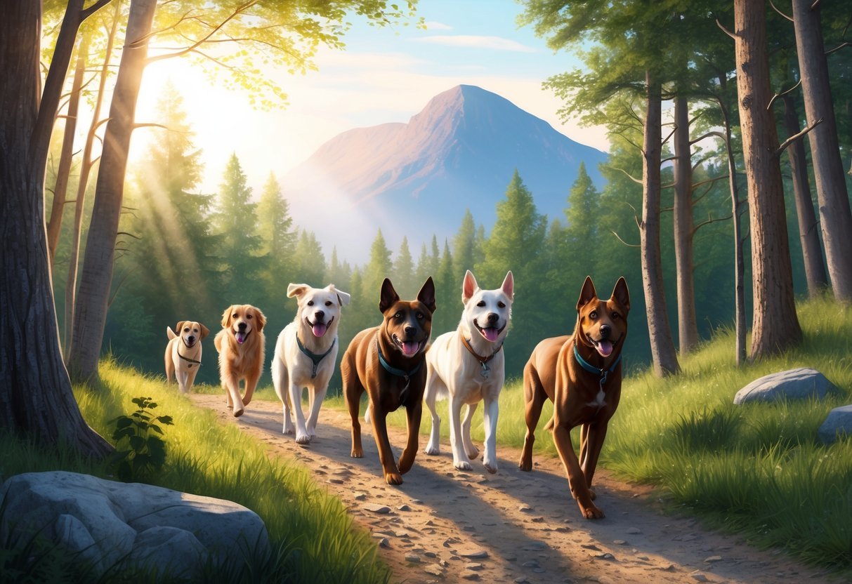 Multiple dogs walking on a trail through a scenic forest, with sunlight filtering through the trees and a mountain in the background