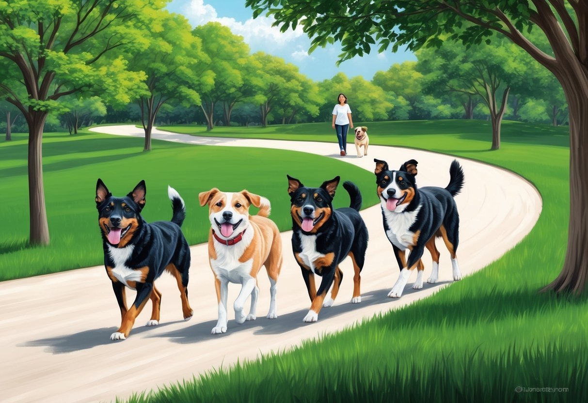 Multiple dogs walking through a lush, green park, with trees and a winding path in the background. The dogs are happily trotting alongside each other, tails wagging, while their owner walks ahead