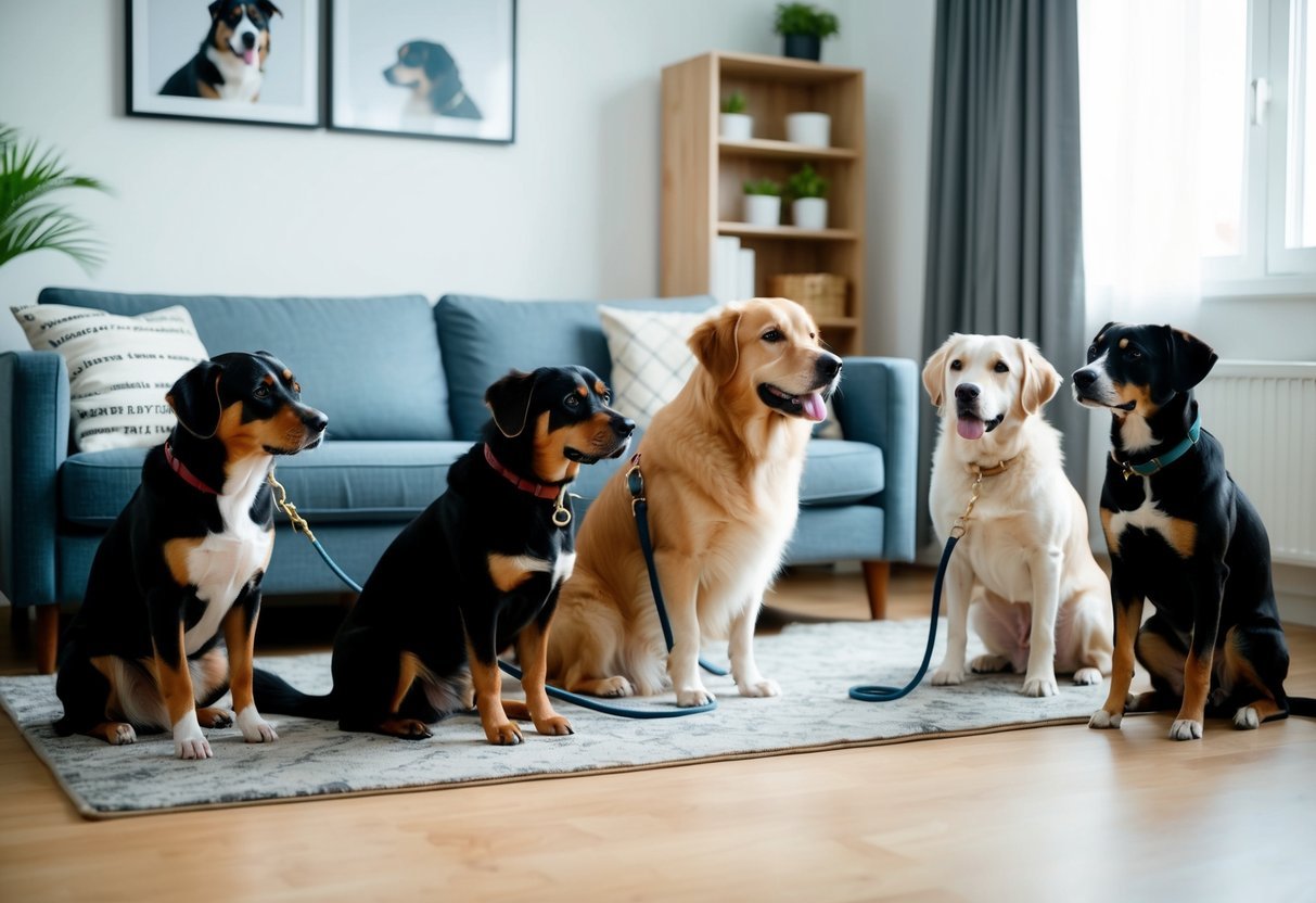 Several dogs of different sizes and breeds are peacefully coexisting in a cozy apartment setting. They are engaged in various training activities, such as sitting, staying, and walking on leashes