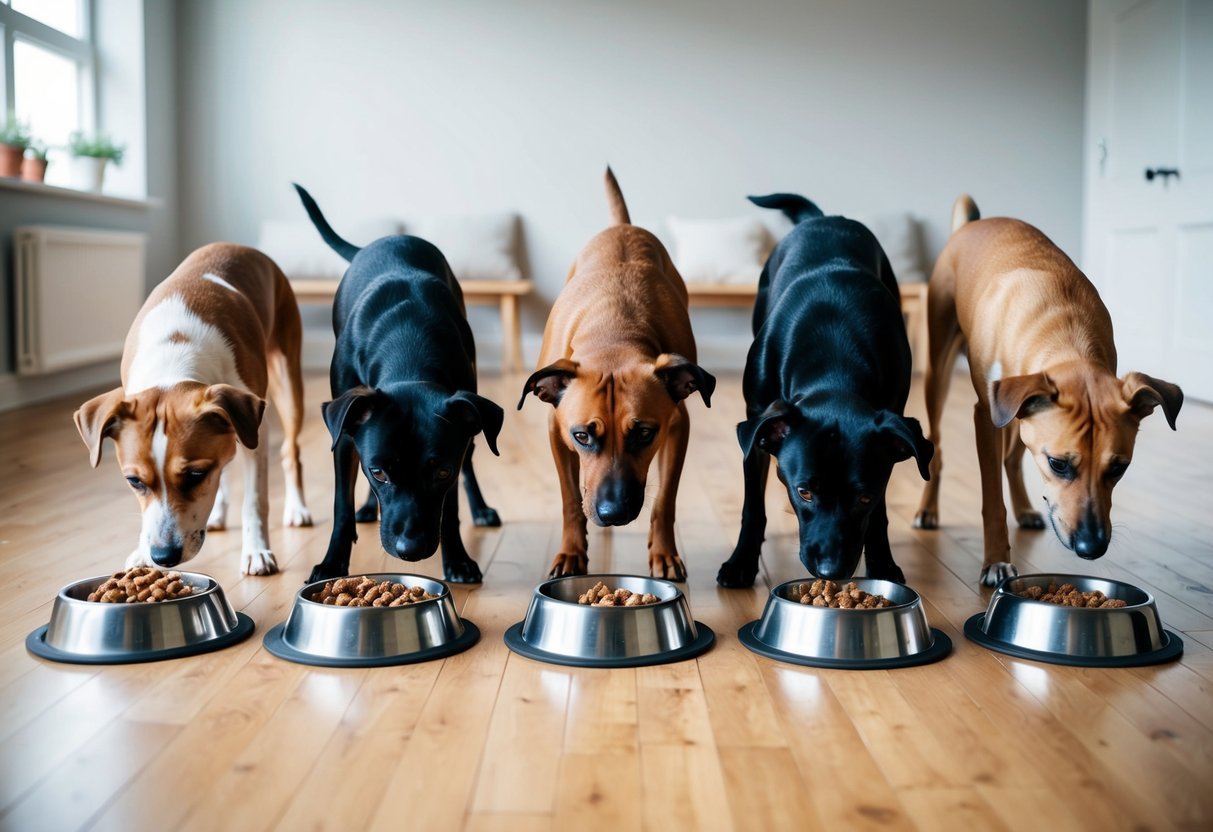 Several dogs of different sizes eating from separate food bowls in a spacious, well-lit room with a variety of healthy dog food options