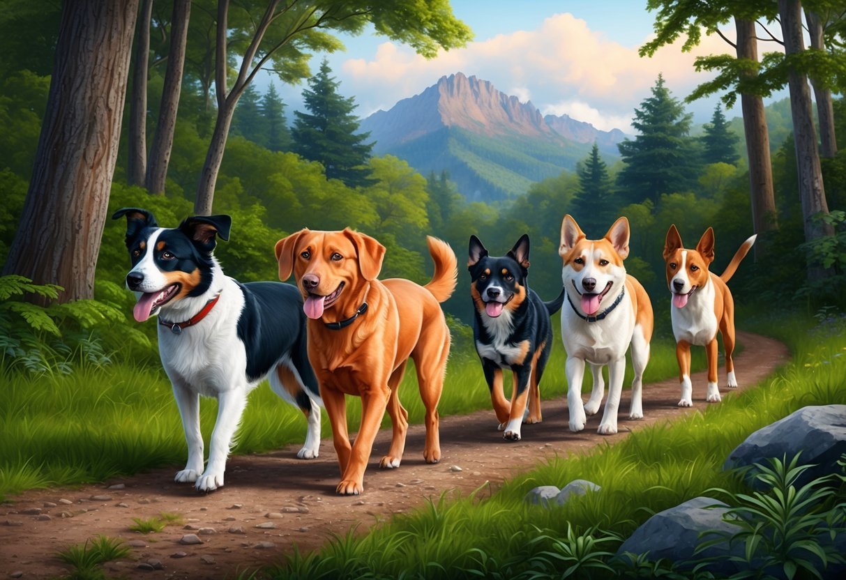 Several dogs of various breeds walking on a trail through a lush forest, with a mountain range in the background