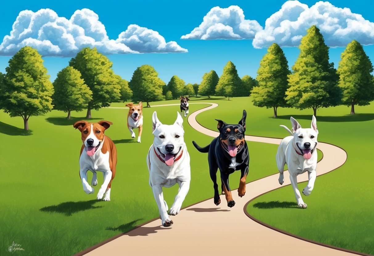 Several dogs running through a green park with trees and a winding path, with a bright blue sky and fluffy white clouds overhead
