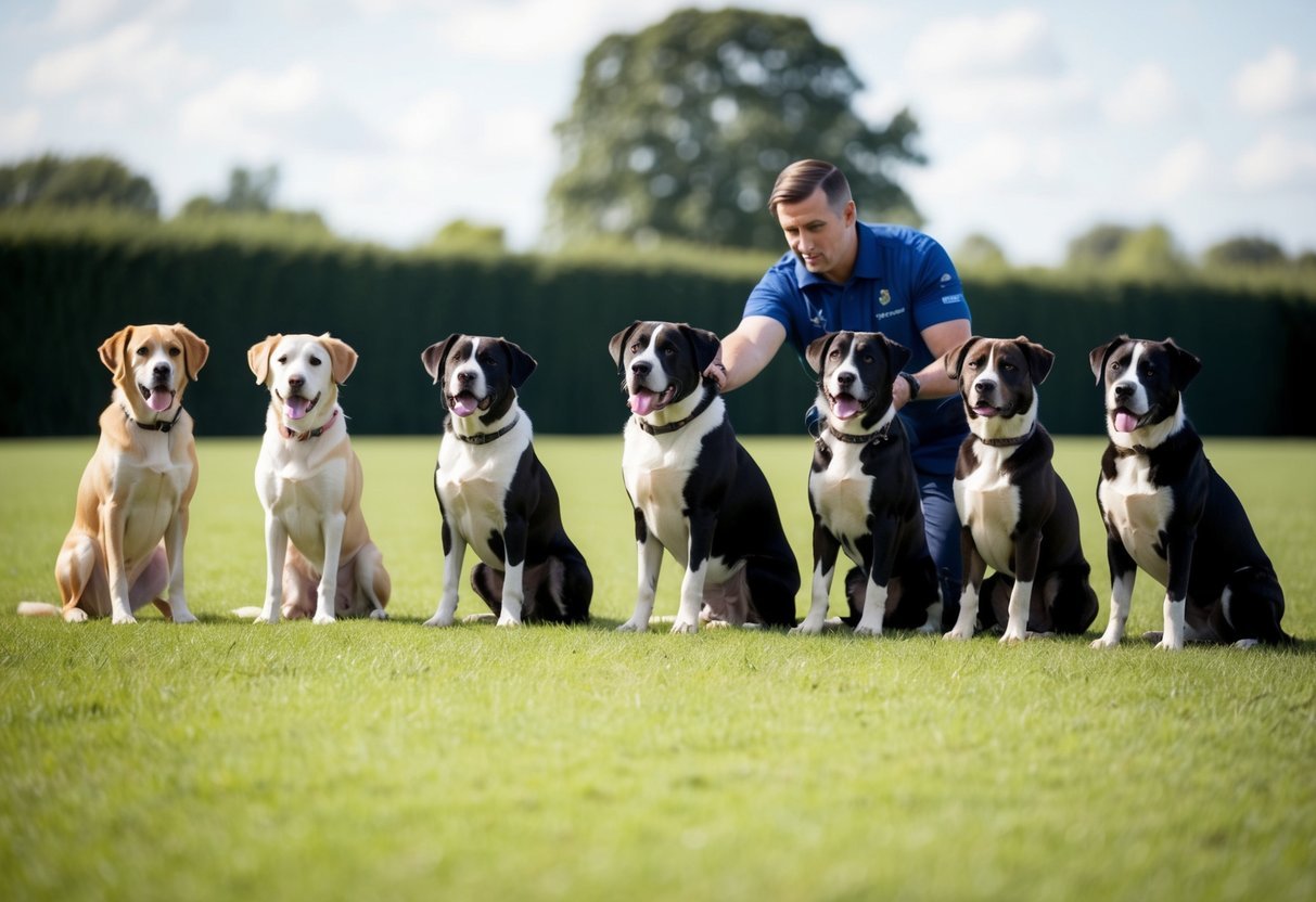 Several well-behaved dogs sitting in a row, attentively listening to a trainer giving commands in a spacious, grassy training area