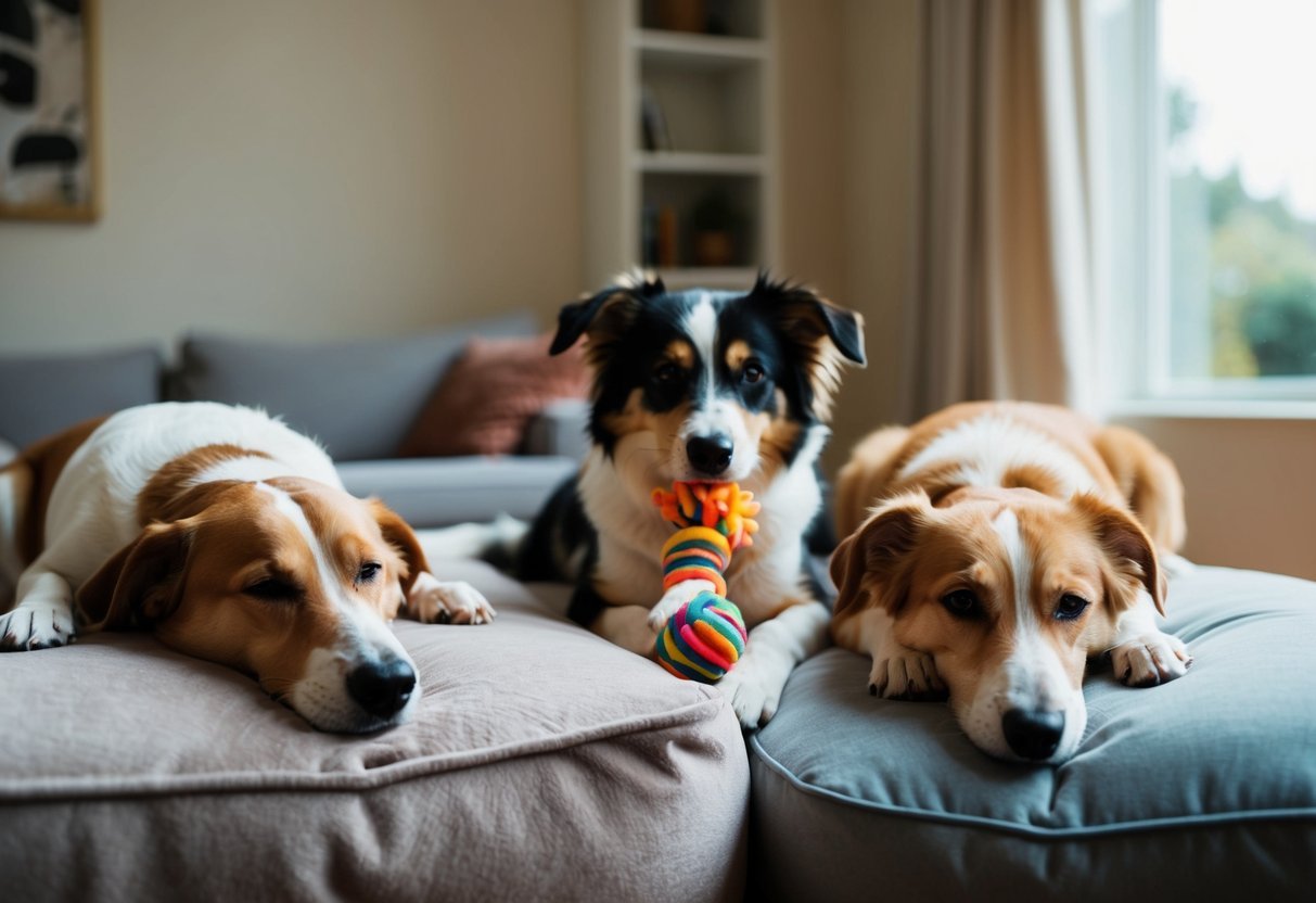 Three dogs of varying sizes and breeds rest in a peaceful living room, each in their own cozy spot. One dog snoozes on a plush bed, another chews on a toy, and the third gazes out the window