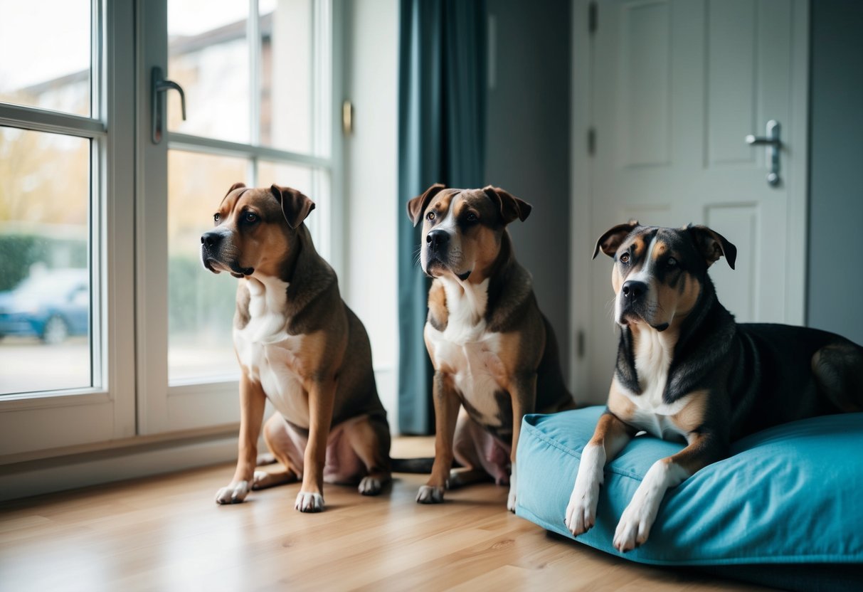 Three dogs with sad expressions sit apart in a living room. One dog looks out the window, another lies on a bed, and the third sits by the door