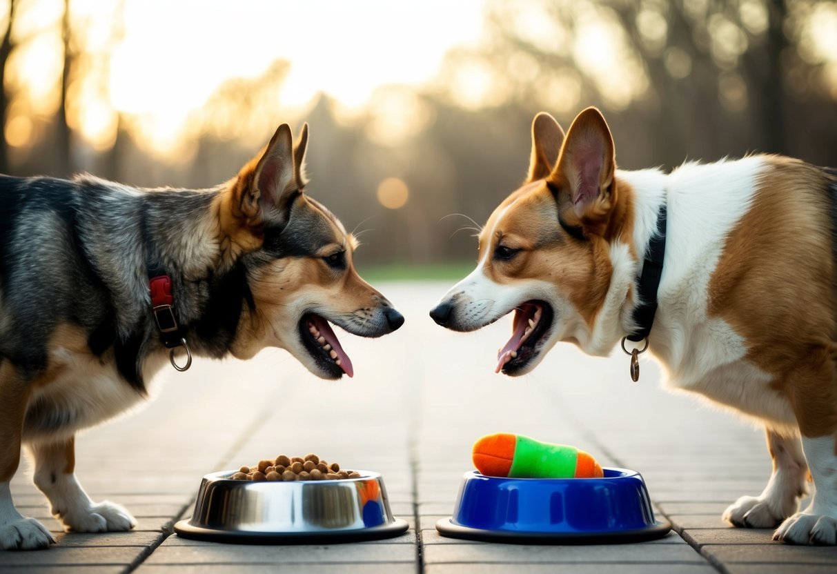 Two dogs facing each other with raised hackles, growling over a food bowl and a toy