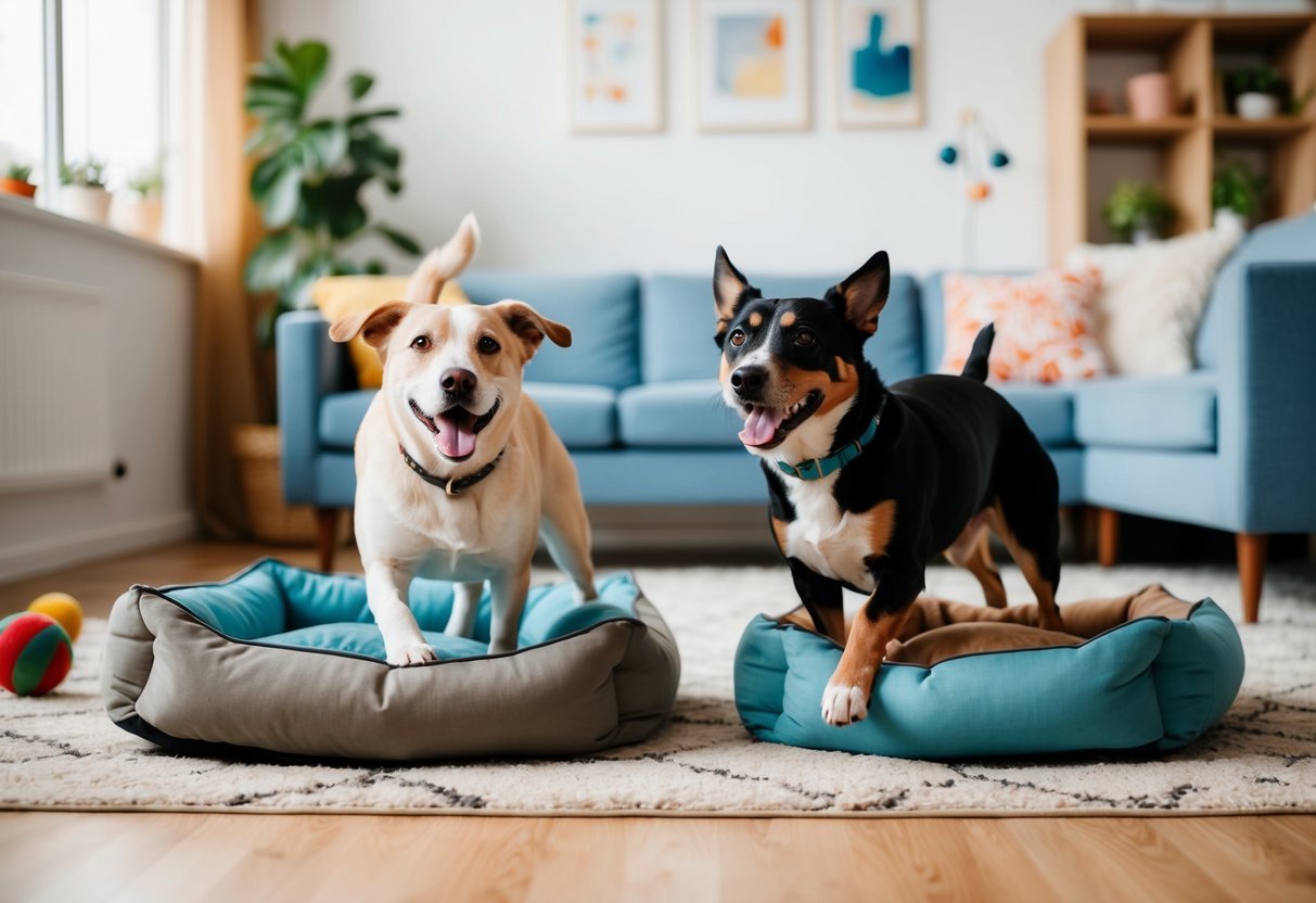 Two dogs happily playing in a cozy apartment living room, surrounded by toys and comfy pet beds