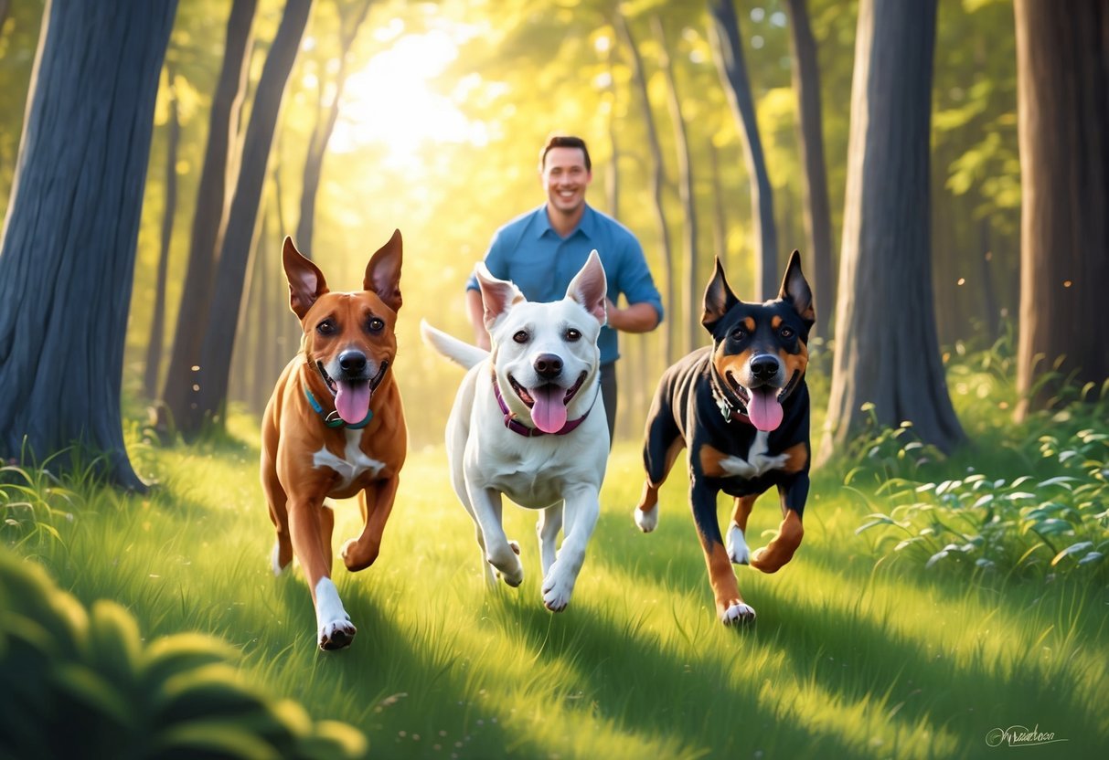 Two dogs running through a sunlit forest, tails wagging and tongues out, their owner following behind with a smile on their face