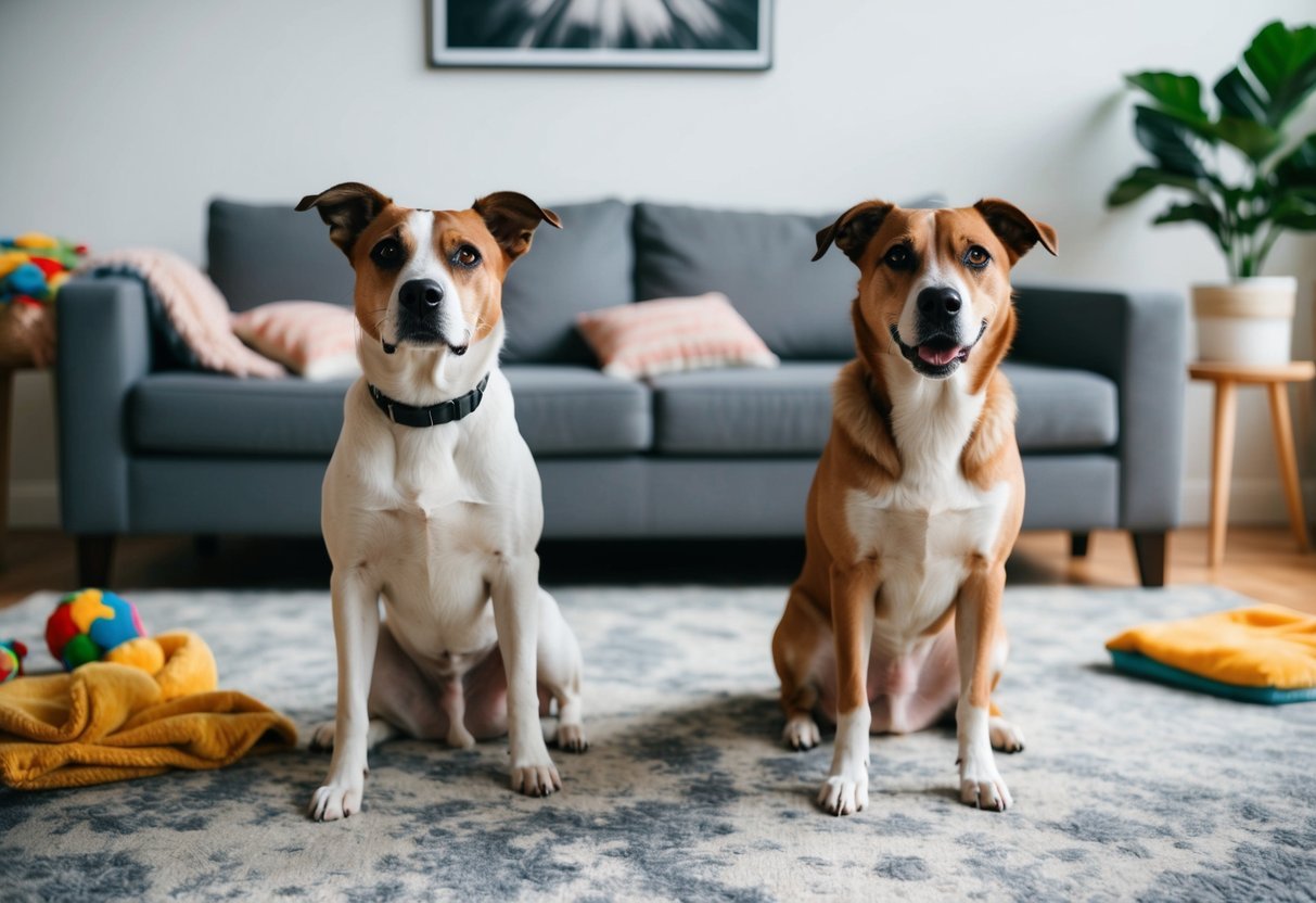 Two dogs sitting in a living room, one looking anxious while the other appears calm. Toys and blankets scattered around the room