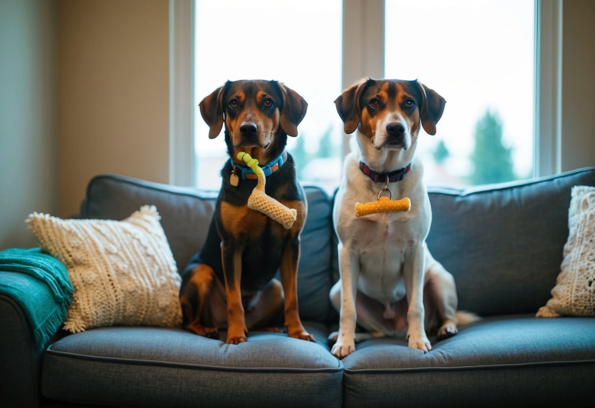 Two dogs sitting side by side in a cozy living room, each with a toy or chew to keep them occupied. A window shows a calm outdoor scene